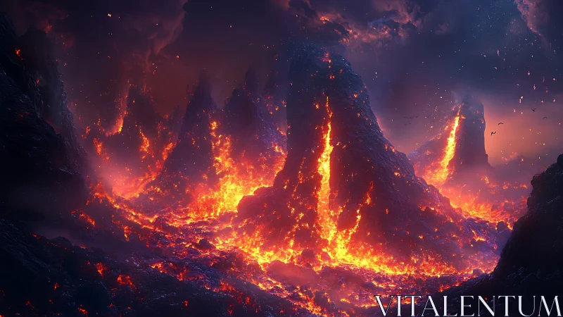 Infernal Volcanic Canyon: Luminous Lava Flow and Towering Geological Formations.