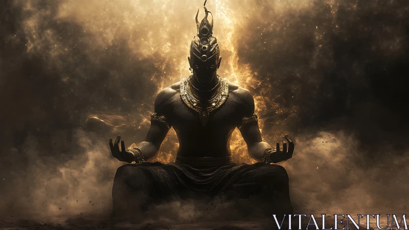 Mythic fireborn deity in meditative suspension amid combusting void.