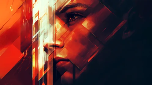 Angular portrait of a face in bold red geometric light.