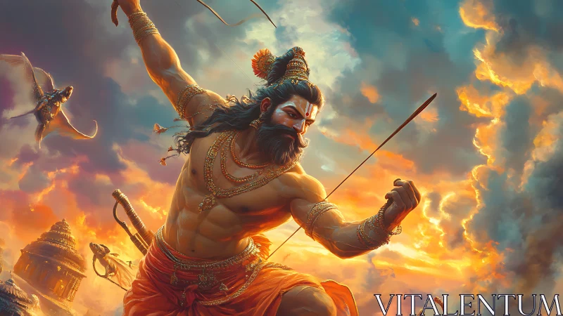 Radiant warrior prince draws his bow against fiery skies.