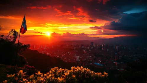 Sunset glow over the city with hills, clouds, and flag.