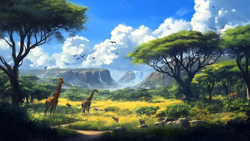 Sunlit giraffes grazing beneath thundercloud crowns of savanna.