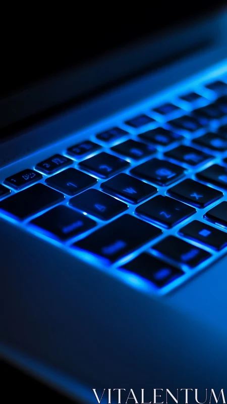 Cool blue laptop keyboard glows softly in the dark night