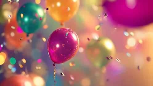 Vibrant Balloons Floating in Dreamlike Bokeh Environment.