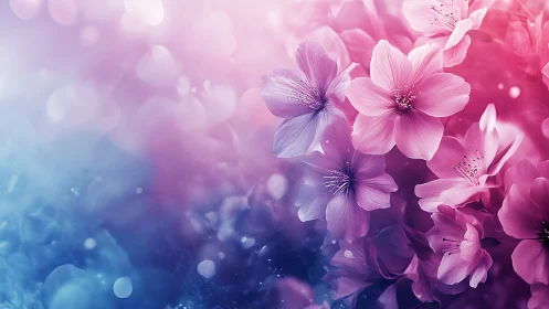 Soft-Focus Floral Composition with Pink and Purple Petals Against Gradient Blue-Magenta Bokeh