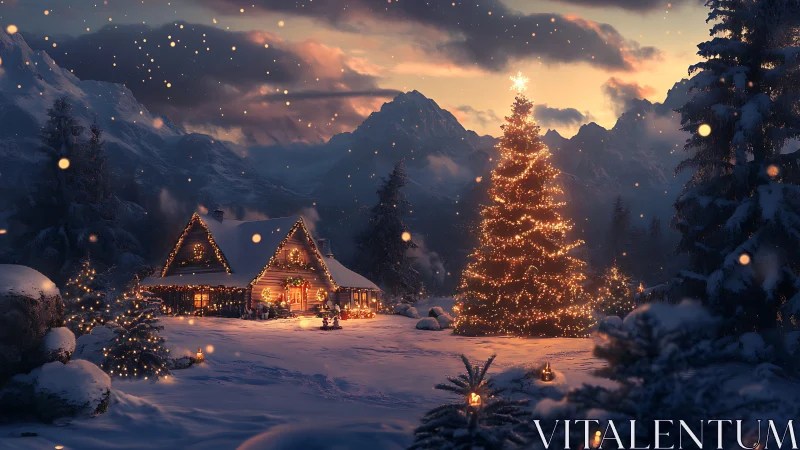 Snowy mountain cabin and lit Christmas tree at winter sunset