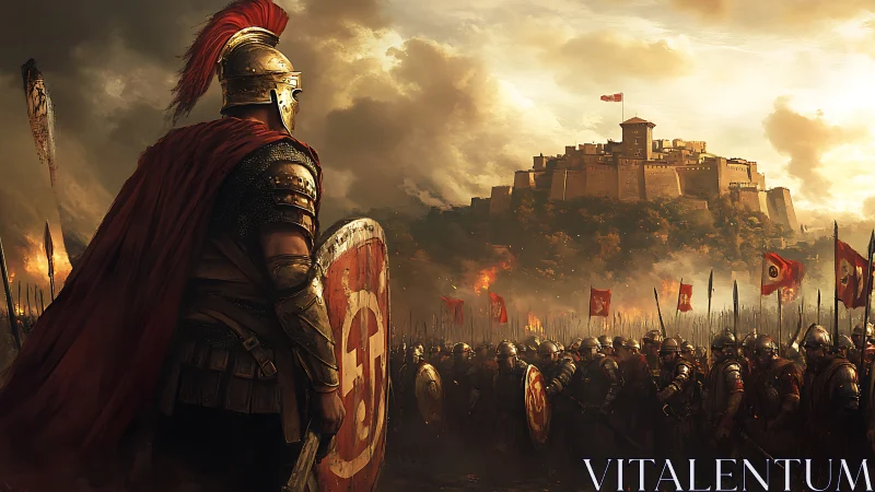 Resolute commander surveys a besieged hilltop fortress