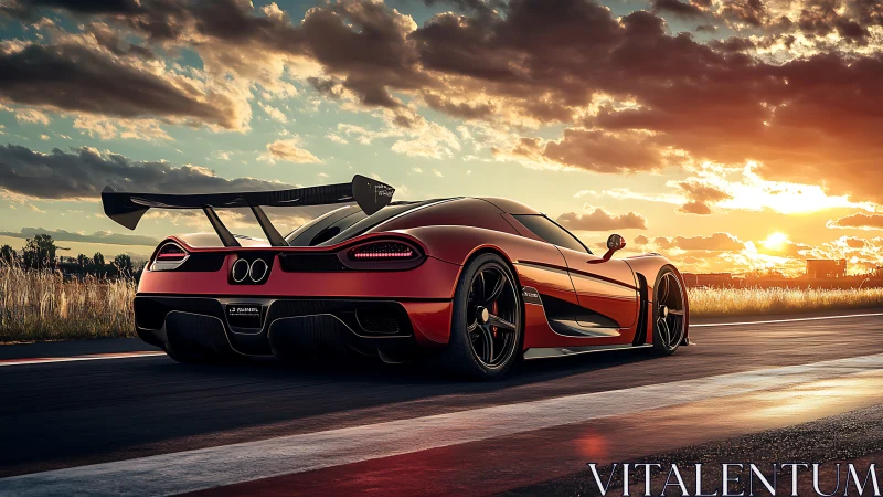 Sunset track escape with a sleek red supercar in motion.