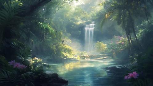 Sunlit jungle waterfall pours into misty turquoise pool