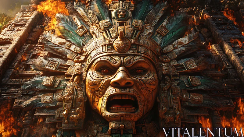 Fiery Aztec stone deity roars from an ancient temple facade