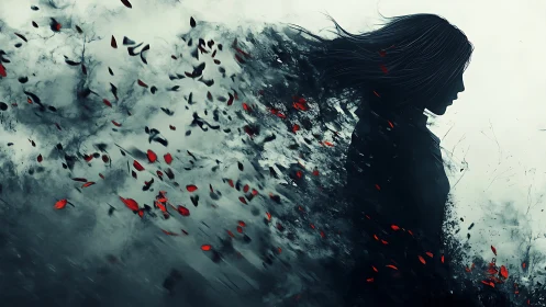 Silhouette of woman dissolves into dark smoke and red petals