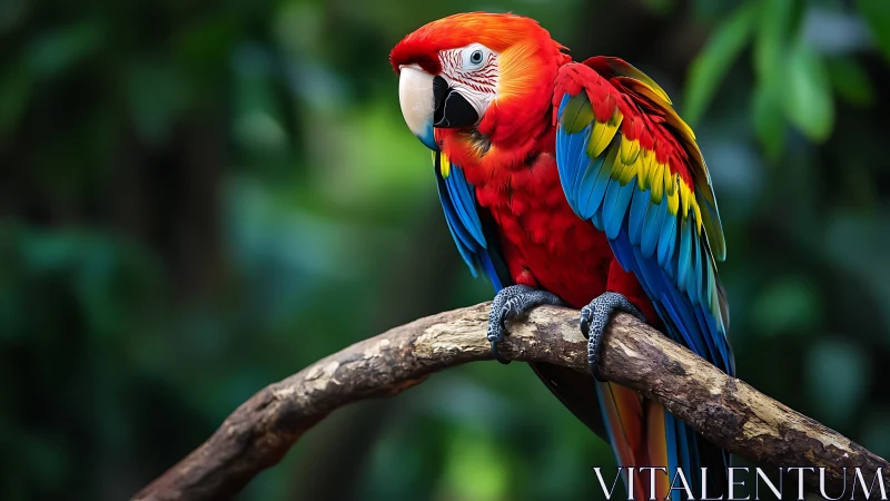 Vibrant Scarlet Macaw perched on branch in lush rainforest style.