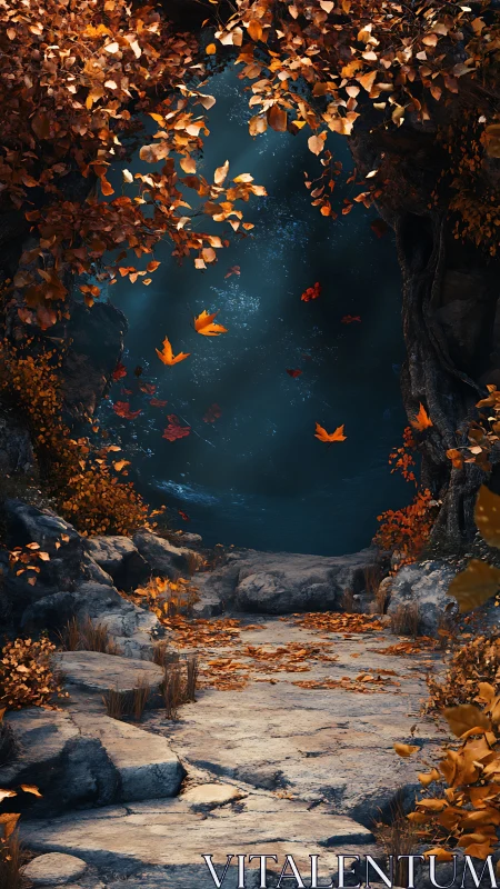 Autumn stone path leading into luminous indigo forest hollow.