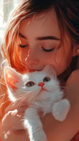 Girl with Red Hair Embracing White Kitten in Warm Light