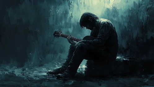 Quiet midnight guitarist wrapped in moody blue shadows.