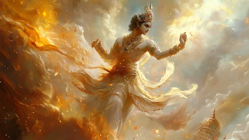 Divine figure in flowing garments amid luminous clouds.