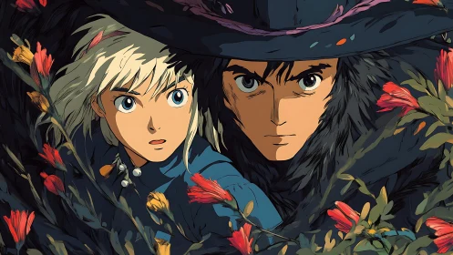 Two stylized figures framed by dense dark foliage and flowers