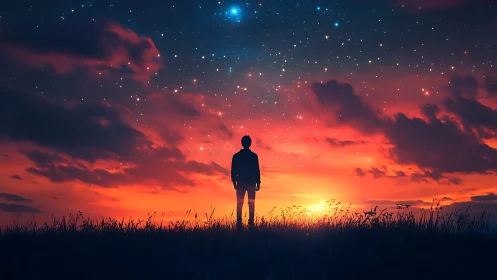 Silhouette watches stars ignite above a blazing sunset sky.