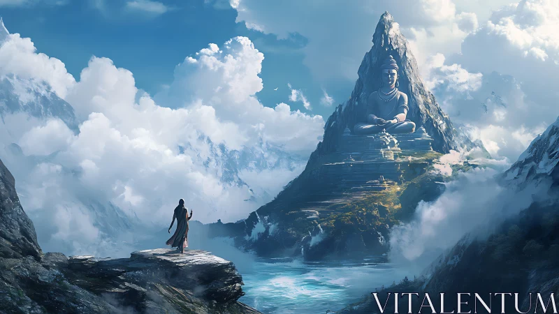 Mist-wrapped pilgrim greets a colossal mountain Buddha in silence