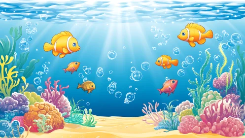 Chromatic coral reef ecosystem with stylized reef fish schooling.