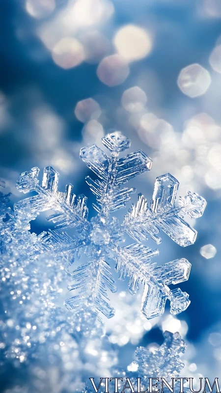 Macro study of crystalline snowflake geometry in cool bokeh field