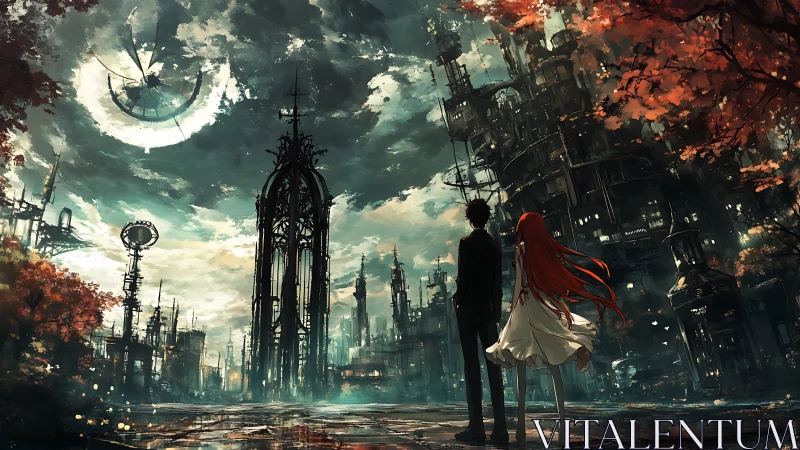 Stargazing couple before towering neo-gothic tech cityscape.