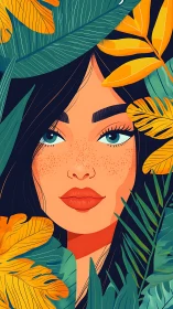 Freckled woman gazes through lush tropical jungle foliage