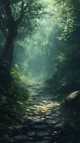 Sunlit forest path with atmospheric foliage canopy and stone walkway