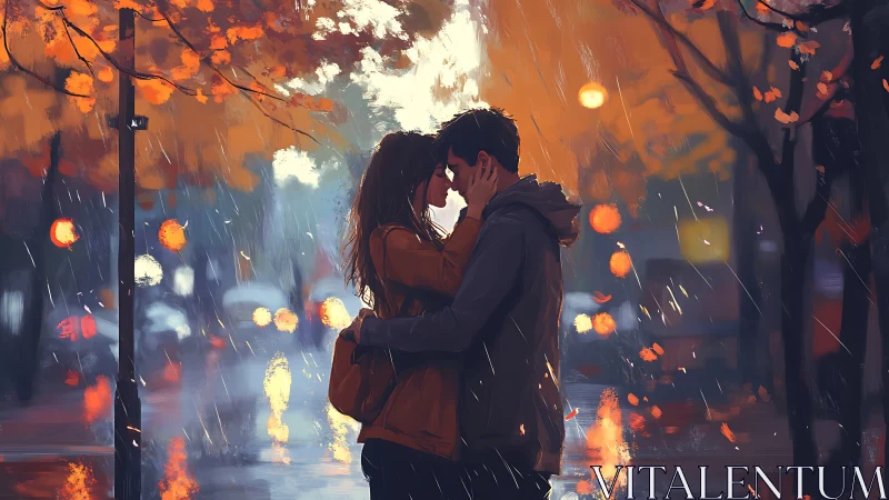 Rain-soaked urban embrace: luminous figures amid autumn foliage