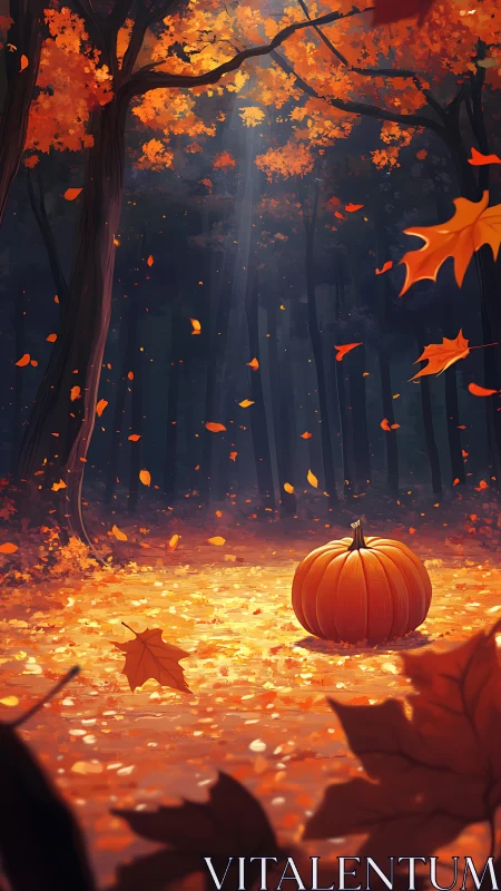 Pumpkin in autumn forest with falling leaves