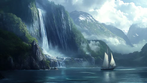 Sailboat slips through misty fjord of thunderous waterfalls.
