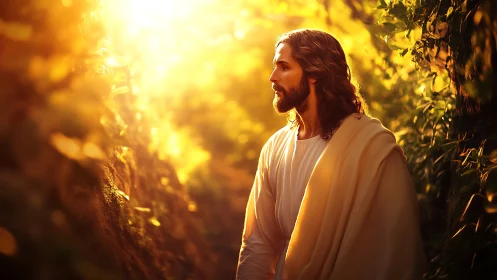 Golden light surrounds a serene robed figure walking in nature