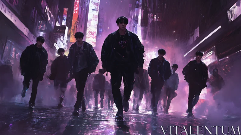Group of figures walking in neon lit urban night street scene.