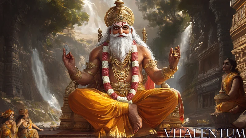 Regal sage in golden robes amid cascading temple sanctum.