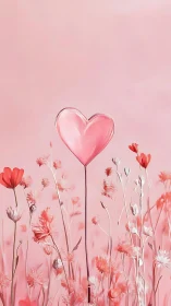 Glass Heart Among Pink Flowers Against Gradient Background.