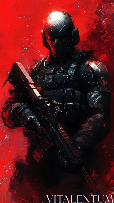 Concept art of tactical cyber-soldier in crimson field study.
