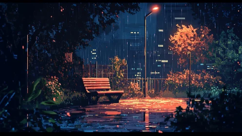 Soft rain settles over a quiet park bench under warm light