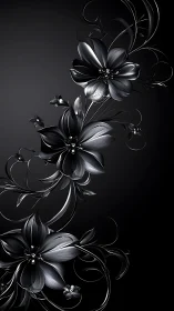 Monochromatic Digital Floral Composition with Volumetric Petal Rendering and Organic Curl Elements