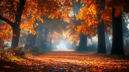 Tree-lined forest path covered with dense autumn foliage.