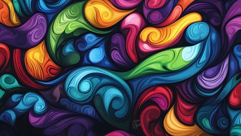 Vibrant swirling abstract shapes in rich saturated color.