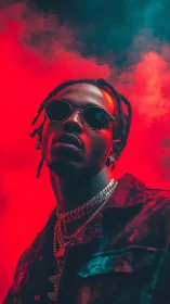 Bold portrait of stylish man in red and teal lighting.