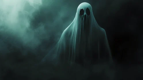 Shrouded wraith drifting through teal fog and spectral silence.