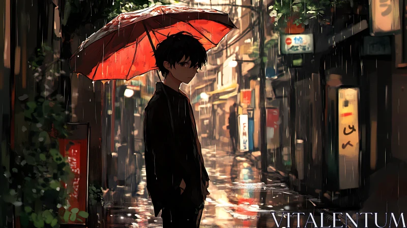 Boy under red umbrella in neon lit rain soaked alleyway.