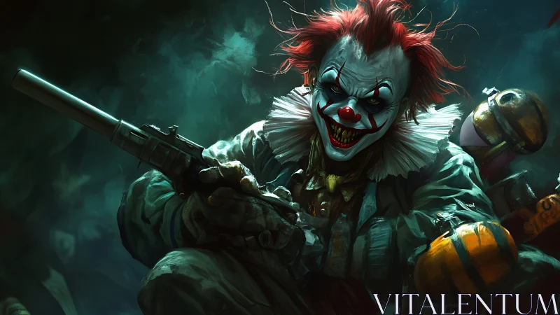 Armed killer clown in dark alleyway, vivid digital painting.