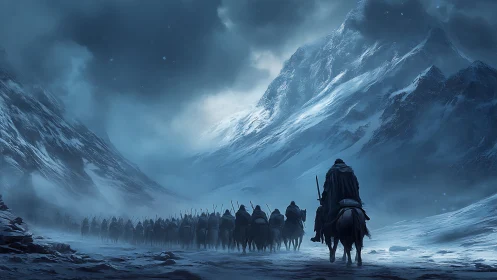 Mounted column crossing narrow snowy valley under clouds.