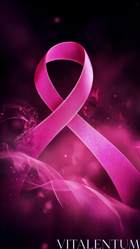 Radiant pink awareness ribbon rising through velvet dusk.