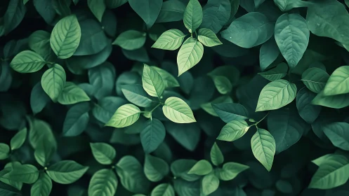 Lush overlapping green leaves in soft natural light.