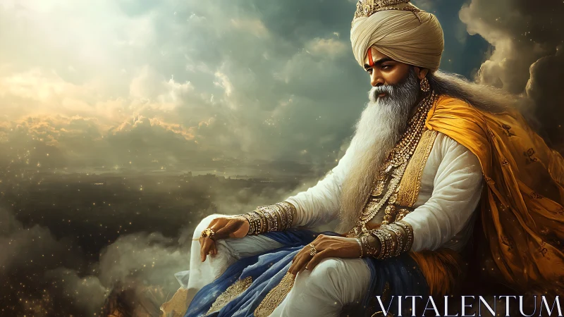 Sky-borne sage-king rests where stormlight crowns silence