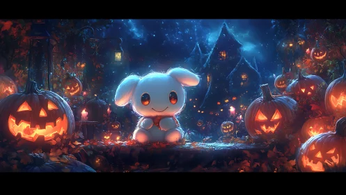 Luminous plush rabbit amid spectral jack-o-lantern array at dusk.
