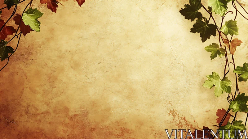Vine leaves border a textured parchment-toned background